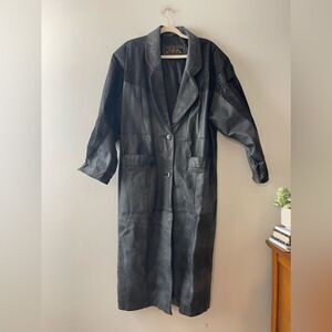 Vintage 90s Ladies Black Leather Trench Coat Full Length Long Large 80s Mob Wife
